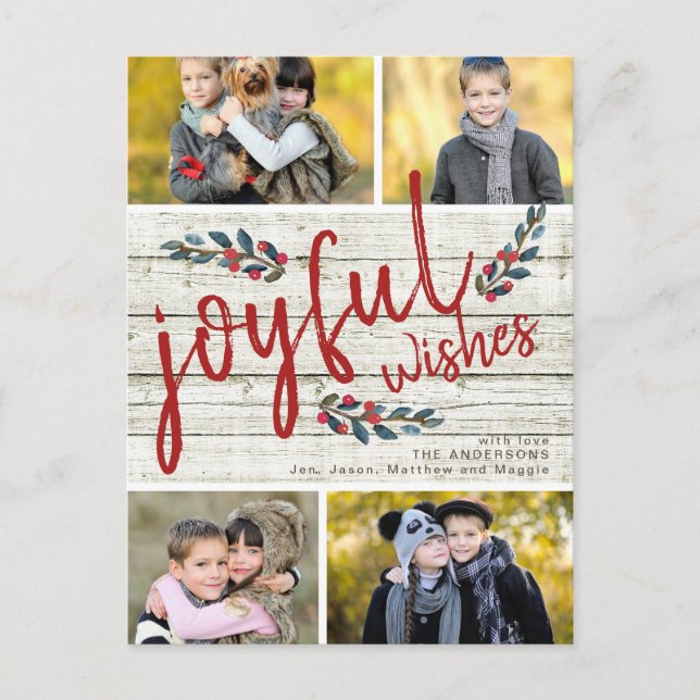 Cartes Pour Fêtes Annuelles Joyful Wish Rustic Red Christmas 4 Photo Collage (Devant)