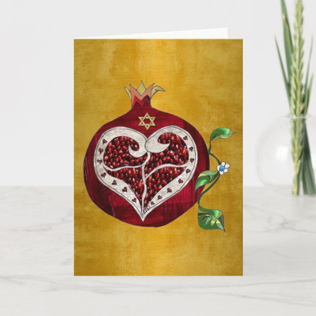 Cartes Pour Fêtes Annuelles Judaica Pomegranate Heart Hanoukka Rosh Hashanah (Devant)