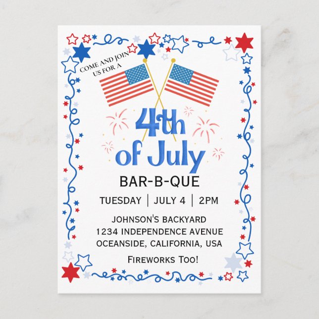 Cartes Pour Fêtes Annuelles Juillet Quatrième Américain Drapeau BBQ Fireworks (Devant)