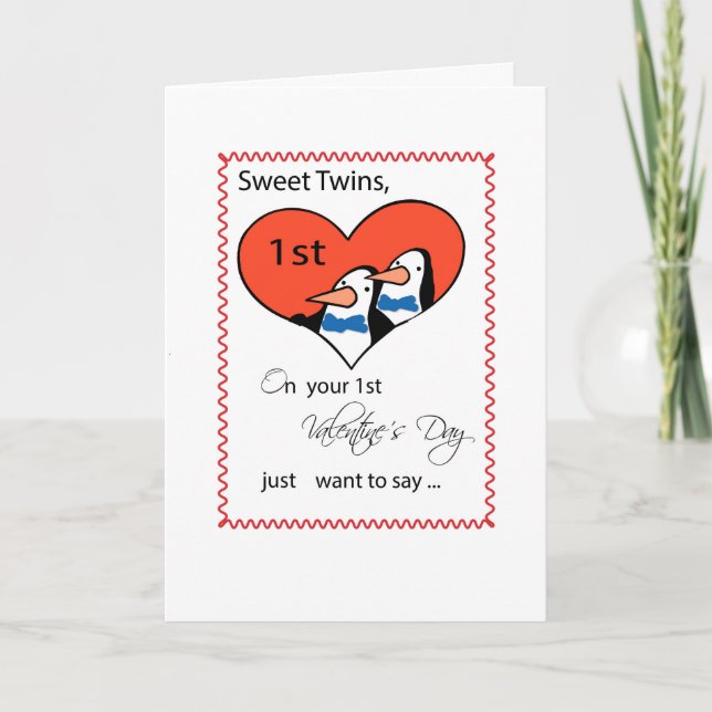 Cartes Pour Fêtes Annuelles Jumeaux, 1ère Saint Valentin Pingouin mignon (Devant)