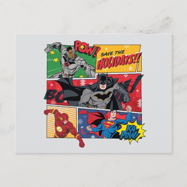 Cartes Pour Fêtes Annuelles Justice League "Sauvez les fêtes !" (Devant)