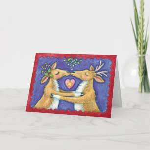 Cartes Pour Fêtes Annuelles Kissing Reindeer Under the Mistletoe - L'Amour Au 