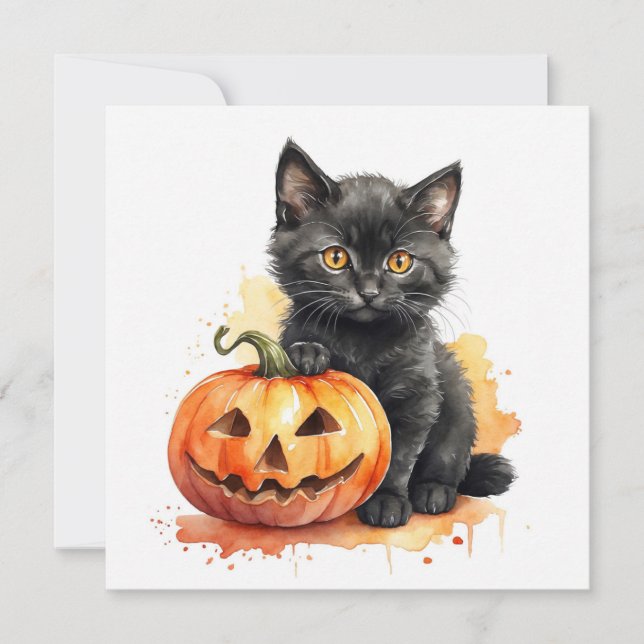 Cartes Pour Fêtes Annuelles Kitten noir et citrouille d'Halloween à l'aquarell (Devant)