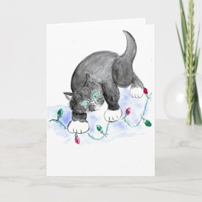 Cartes Pour Fêtes Annuelles Kitten trouve Blink Red & Green Christmas Lights (Devant)