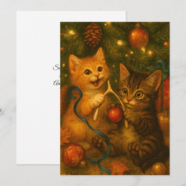 Cartes Pour Fêtes Annuelles Kittens & Turkey Wishbone Under Christmas Tree (Devant / Derrière)