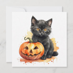 Cartes Pour Fêtes Annuelles Kitty-Chat noir d'Halloween et citrouille à l'aqua