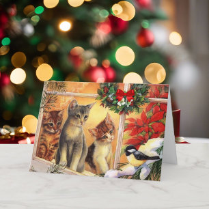 Cartes Pour Fêtes Annuelles Kitty Chats Oiseau regarder Joyeux Noël mignonne