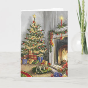 Cartes Pour Fêtes Annuelles Kitty Dormir près de l'arbre de Noël