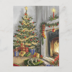 Cartes Pour Fêtes Annuelles Kitty Dormir près de l'arbre de Noël