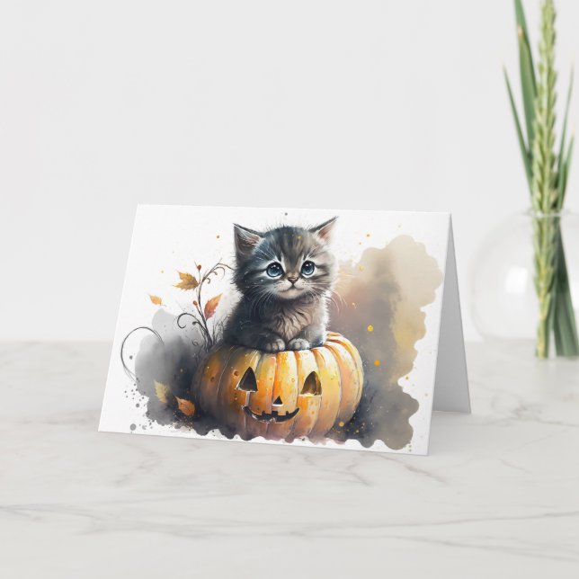 Cartes Pour Fêtes Annuelles Kitty Halloween aquarelle dans une citrouille (Devant)