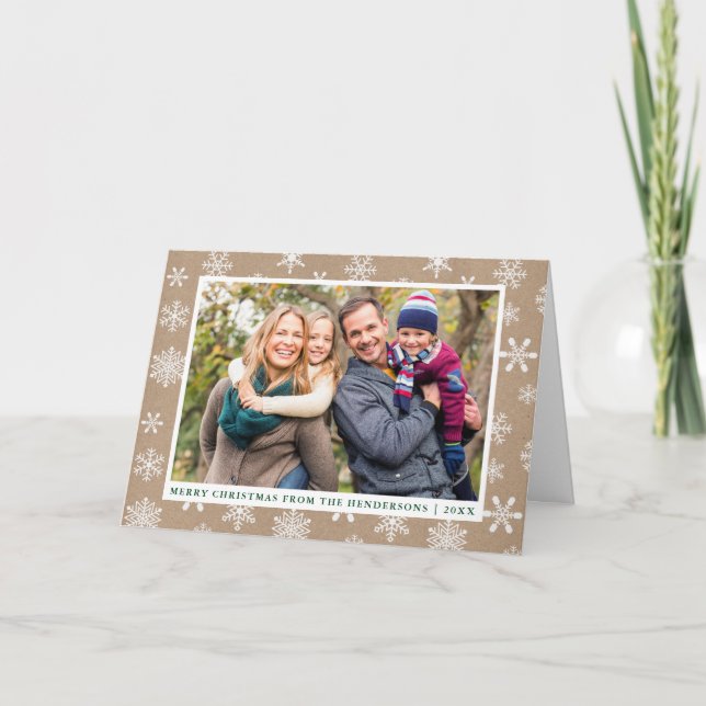 Cartes Pour Fêtes Annuelles Kraft Joyeux Noël Photo Flocs de neige Plier (Devant)