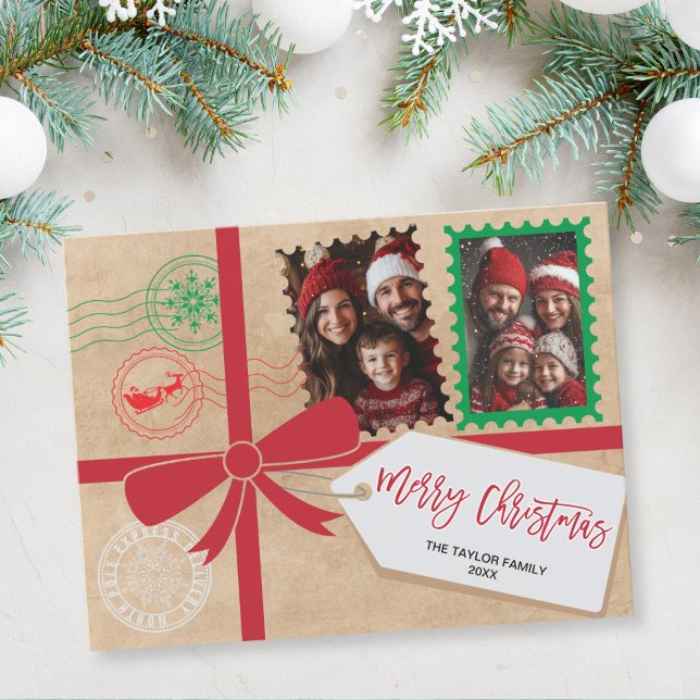 Cartes Pour Fêtes Annuelles Kraft Red Green Cadeau Bow Photo Joyeux Noël (christmas card designed to look like a gift with a ribbon and bow)