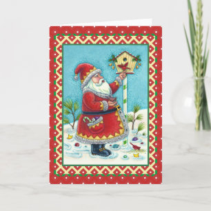 CARTES POUR FÊTES ANNUELLES KRIS KRINGLE ALIMENTER LES OISEAUX REDBIRÉS, NOËL 