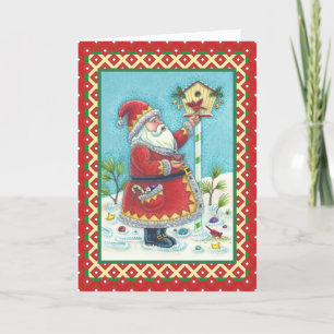CARTES POUR FÊTES ANNUELLES KRIS KRINGLE ALIMENTER LES OISEAUX REDBIRÉS, NOËL 