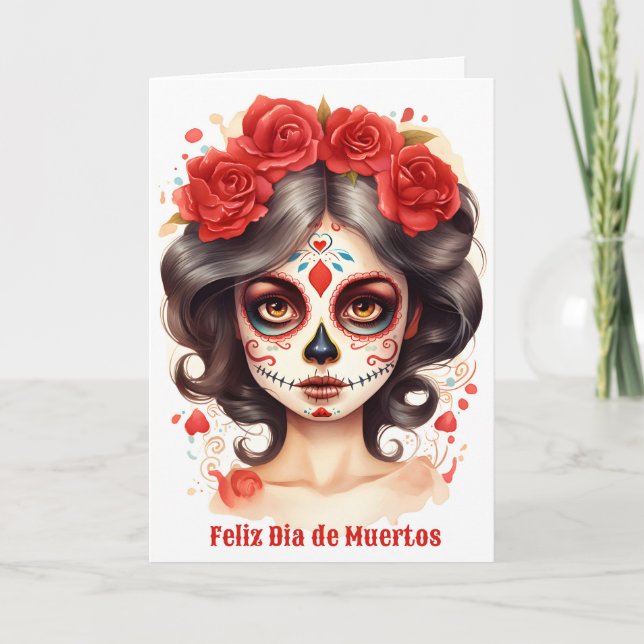 Cartes Pour Fêtes Annuelles La Calavera Catarina 💀 en Flores Rojas 🌹 (Devant)
