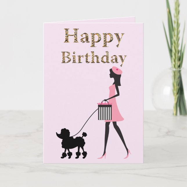 Cartes Pour Fêtes Annuelles La dame marche poodle noir Joyeux anniversaire (Devant)