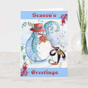 CARTES POUR FÊTES ANNUELLES LA SÉRÉNADE HIVERNALE DE SNOWMAN ET PENGUIN