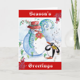 CARTES POUR FÊTES ANNUELLES LA SÉRÉNADE HIVERNALE DE SNOWMAN ET PENGUIN