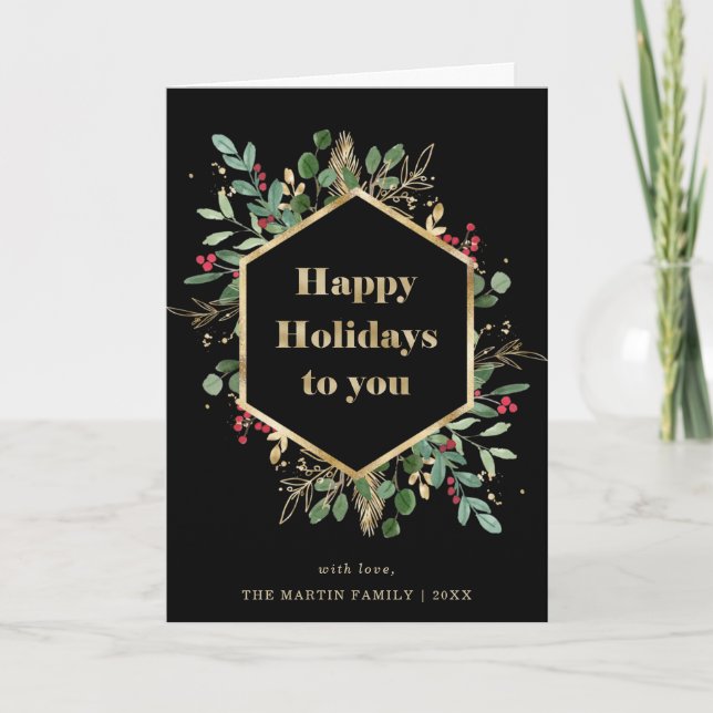 Cartes Pour Fêtes Annuelles La verdure dorée de Noël| Photo intérieure (Devant)