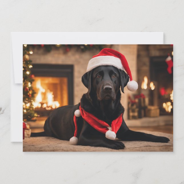 Cartes Pour Fêtes Annuelles Labrador noir avec chapeau de Père Noël (Devant)