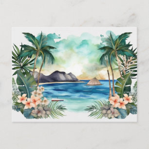 Cartes Pour Fêtes Annuelles Lagune tropicale avec palmiers et fleurs