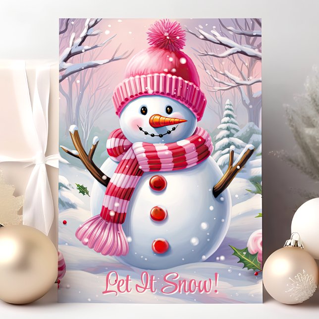 Cartes Pour Fêtes Annuelles Laisser neiger mignon Snowman rose (Créateur téléchargé)