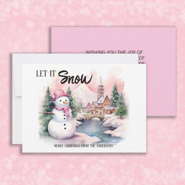 Cartes Pour Fêtes Annuelles Laisser neiger Snowman vacances de Noël ("Let it snow" pink snowman Christmas/holiday greeting card personalized with your own text. )