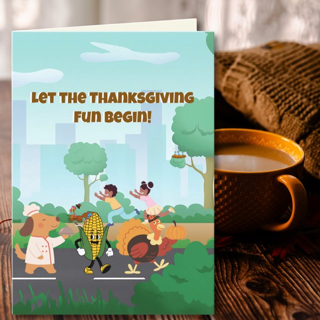 Cartes Pour Fêtes Annuelles Laissons le plaisir de Thanksgiving commencer à fe (A cheerful Thanksgiving parade full of color, joy, and playful holiday spirit.)