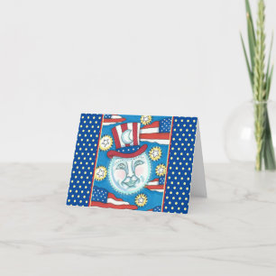 CARTES POUR FÊTES ANNUELLES L'AMÉRICANA FOLK ART PATRIOTIQUE HOMME DANS LA LUN