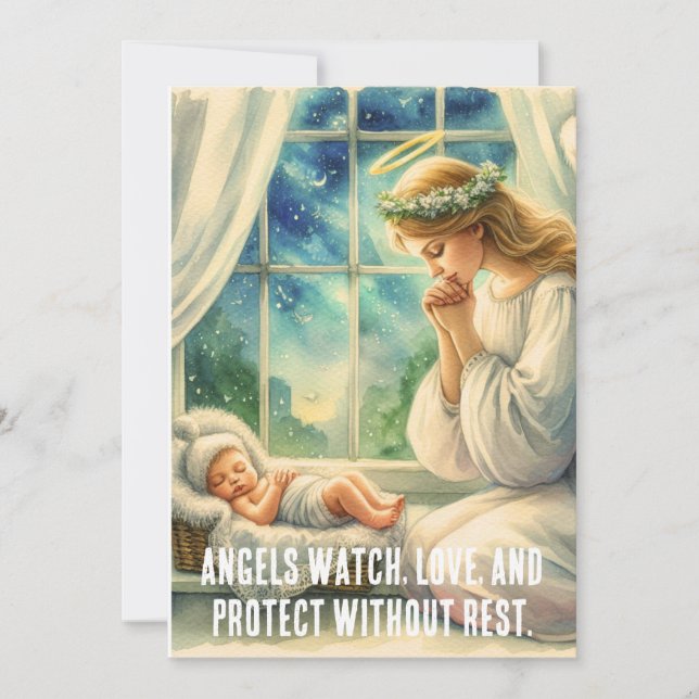 Cartes Pour Fêtes Annuelles l'ange gardien prie près du berceau du bébé (Devant)