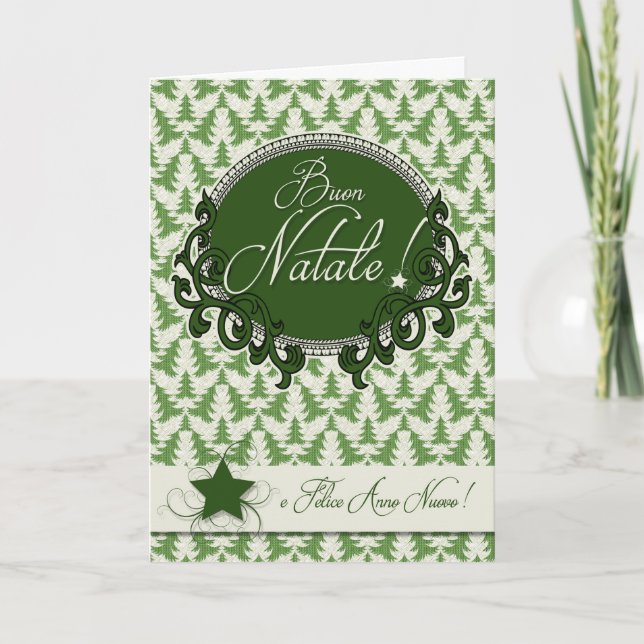 Cartes Pour Fêtes Annuelles Langue Italienne Rétro Arbres de Noël verts (Devant)