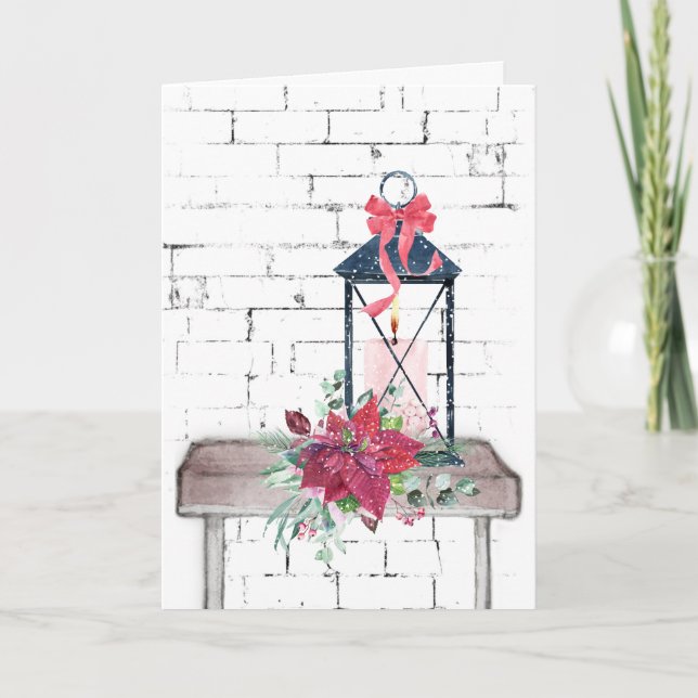 Cartes Pour Fêtes Annuelles Lanterne de Noël et Bouquet de Poinsettia (Devant)