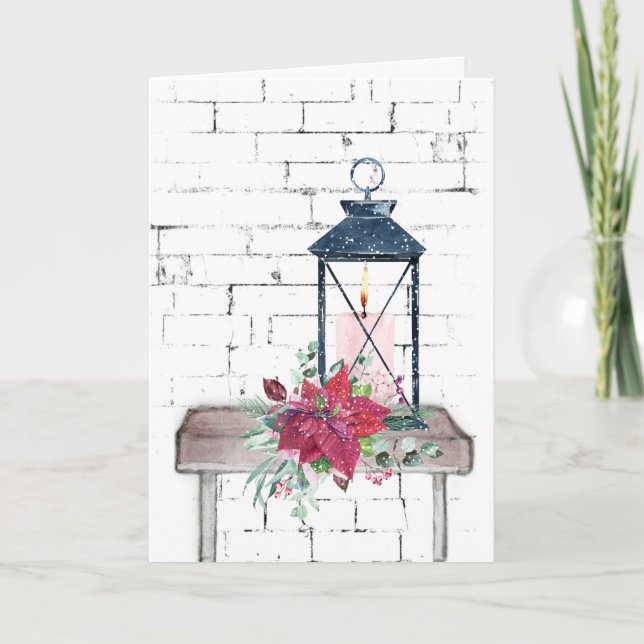 Cartes Pour Fêtes Annuelles Lanterne de Noël et Bouquet de Poinsettia (Devant)