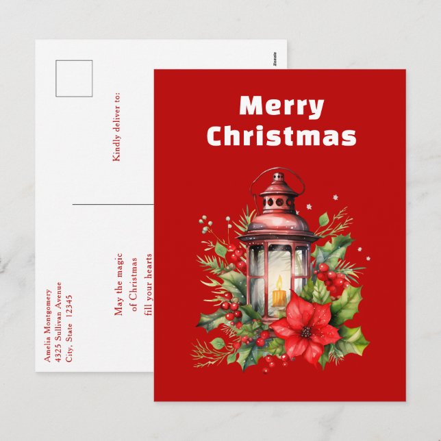 Cartes Pour Fêtes Annuelles Lanterne rouge de Noël Poinsettia et pin (Devant / Derrière)