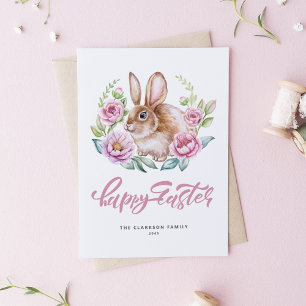 Cartes Pour Fêtes Annuelles Lapin à l'aquarelle Couronne florale rose Joyeuses
