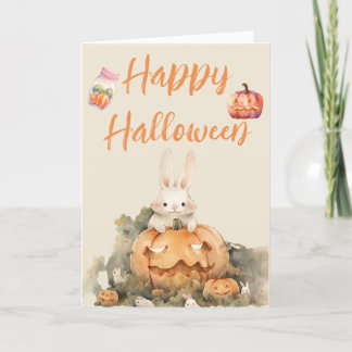 Cartes Pour Fêtes Annuelles Lapin adorable dans un champ de citrouilles Hallow