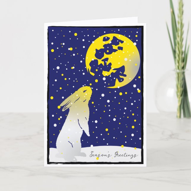 Cartes Pour Fêtes Annuelles Lapin de neige Pleine Lune Vacances d'hiver (Devant)
