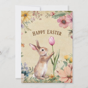 Cartes Pour Fêtes Annuelles Lapin de Pâques bébé avec tulipe rose Floral vinta