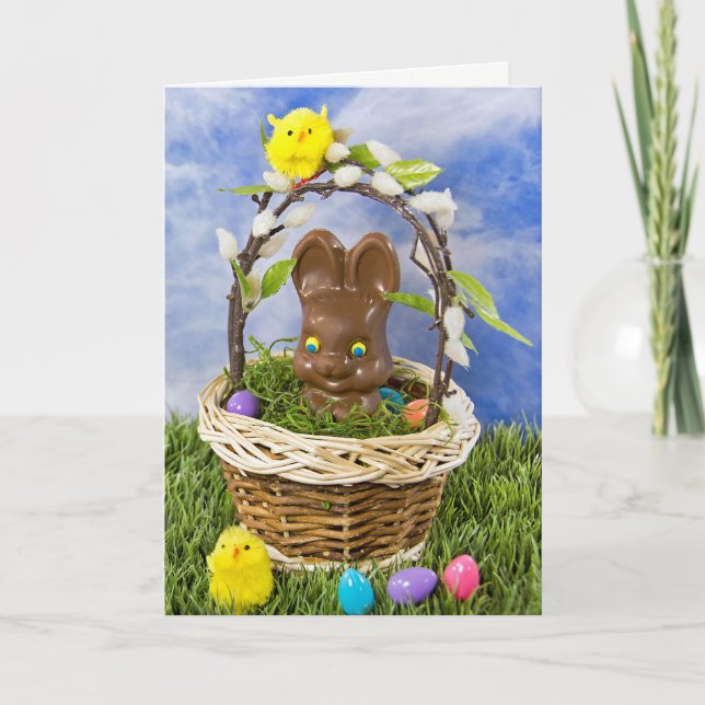 Cartes Pour Fêtes Annuelles Lapin de Pâques de chocolat dans le panier (Devant)