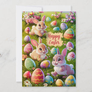 Cartes Pour Fêtes Annuelles Lapin De Pâques En Chasse Aux Oeufs