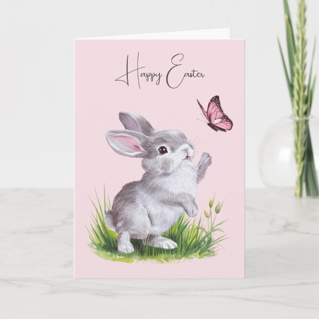 Cartes Pour Fêtes Annuelles Lapin de Pâques et papillon rose (Devant)