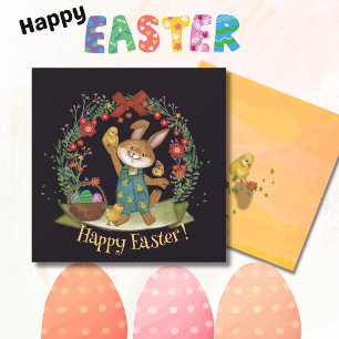 Cartes Pour Fêtes Annuelles Lapin de Pâques et poussins noir jaune
