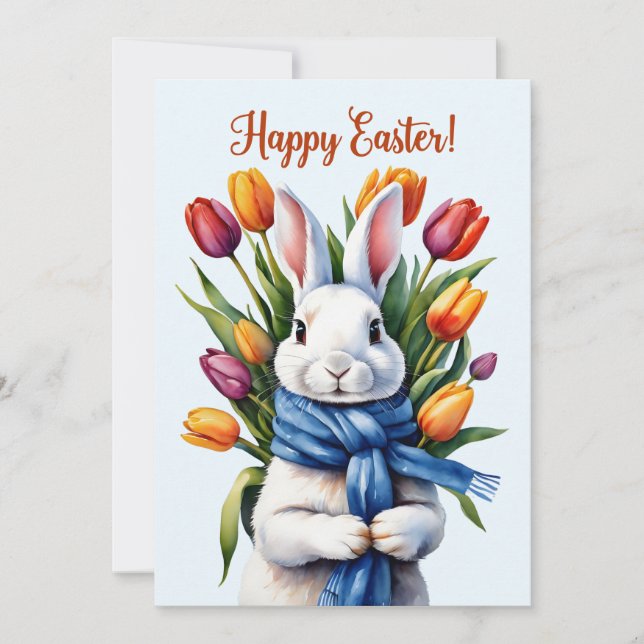 Cartes Pour Fêtes Annuelles Lapin de Pâques heureux et fleurs de tulipes  (Devant)