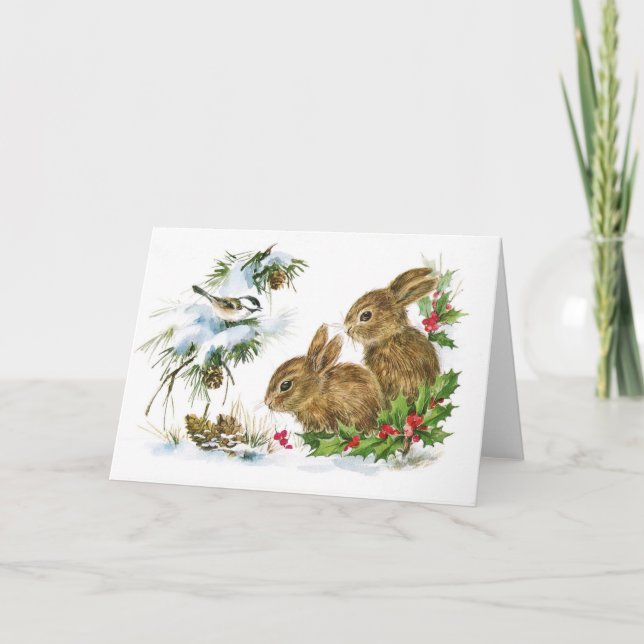 Cartes Pour Fêtes Annuelles Lapin de Pâques Rétro et Oiseaux Noël d'Hiver (Devant)
