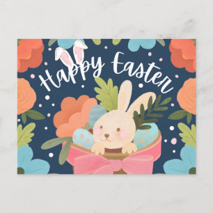 Cartes Pour Fêtes Annuelles Lapin doux dans un panier-cadeau “Joyeuses Pâques”