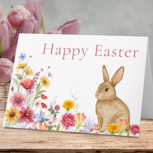 Cartes Pour Fêtes Annuelles Lapin élégant & Fleurs sauvages Joyeuses Pâques