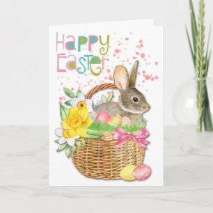 Cartes Pour Fêtes Annuelles Lapin jonquille dans le panier d'oeufs de Pâques