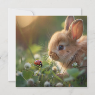 Cartes Pour Fêtes Annuelles Lapin mignon et coccinelle dans le champ vert