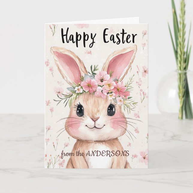 Cartes Pour Fêtes Annuelles lapin rose et floral  (Devant)