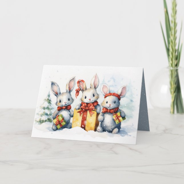 Cartes Pour Fêtes Annuelles Lapins De Noël Avec Cadeaux (Devant)